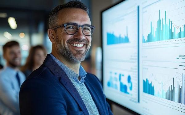 Project Scheduler stand in front of a large screen showing a graph depicting upward growth.